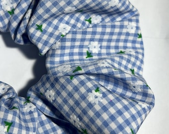 Handmade Hair Scrunchie, blue and white small gingham check with ditsy daisy print, bobble