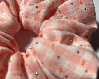 Handmade Hair Scrunchie Silver Rhinestone Pink & White Gingham, bobble