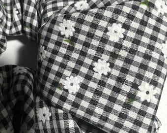 Handmade Hair Scrunchie, black and white small gingham check with ditsy daisy print, bobble