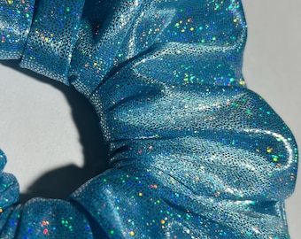 Handmade Hair Scrunchie Turquoise Hologram dot stretch fabric, bobble