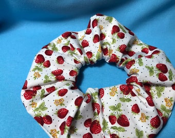 Handmade Hair Scrunchie 100% Cotton Strawberries, leaves and blossom print on white , bobble