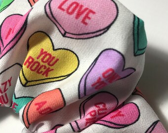 Handmade Hair Scrunchie 100% Cotton Love Hearts Sweeties print bobble