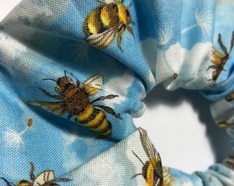 Handmade Hair Scrunchie 100% Cotton Blue skies, fluffy clouds and honey bees print bobble