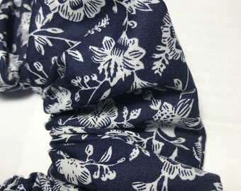 Handmade Hair Scrunchie 100% Cotton White on Navy Floral print bobble