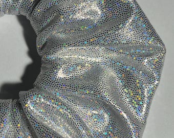 Handmade Hair Scrunchie Silver Hologram dot stretch fabric, bobble