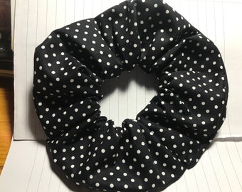 Handmade Hair Scrunchie 100% Cotton Black and White Polka Dot print bobble