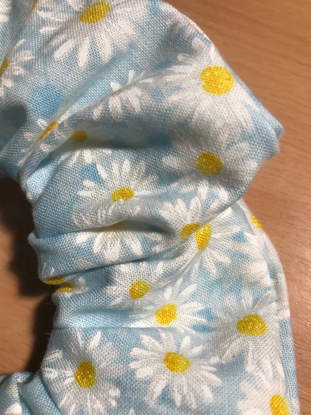 Handmade Hair Scrunchie 100 Cotton Daisy Delight on a Sky Blue Base