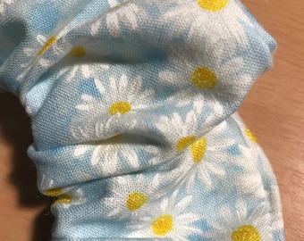 Handmade Hair Scrunchie 100% Cotton Daisy Delight on a sky blue base print bobble