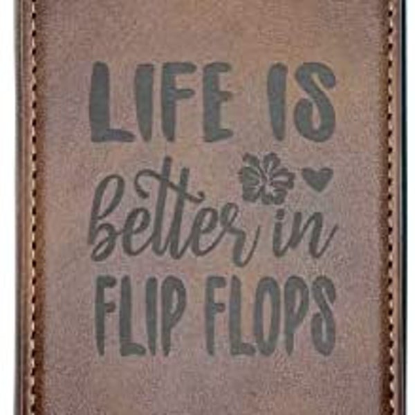 iPhone 12 Pro Max 5G 6.7” Laser Engraved case Brown Premium Faux Leather Credit Card Holder Magnetic Cover  Life is Better in Flip Flops