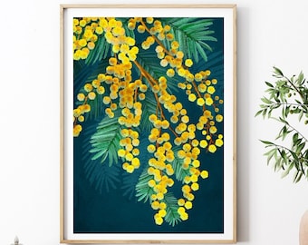 May include: A digital illustration of a branch of mimosa flowers with yellow blossoms against a teal blue background.