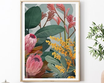 May include: A botanical illustration featuring a variety of flowers and foliage. The artwork features pink proteas, yellow wattle, and red banksia flowers, all set against a light blue background.