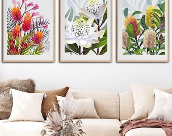Impressions de fleurs indigènes d'Australie : Banksia, Waratah, Grevillea (téléchargement numérique)