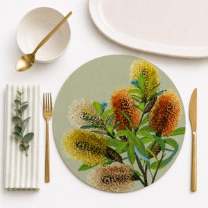 Australian Nature Artwork Round Placemats Set - Large Dining Table Linen with Gumleaf & Banksia Print