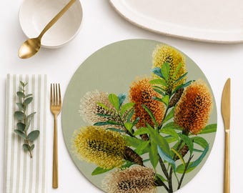 Ensemble de sets de table ronds à motifs de nature australienne - Linge de table grand format avec imprimés de feuilles d'eucalyptus et de banksia