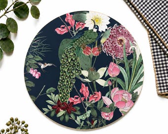 Set de table rond et sous-verre Peacock Garden | Linge de table de salle à manger grand format à imprimé botanique