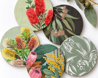 Conjunto de 4 porta-copos com flores silvestres nativas australianas: tapetes para bebidas com arte botânica.