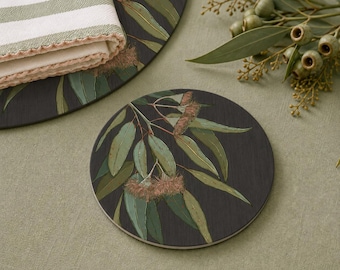 Lot de 4 sous-verres en eucalyptus australien | Dessous de verre décoratifs à motif botanique pour la décoration de votre bar.