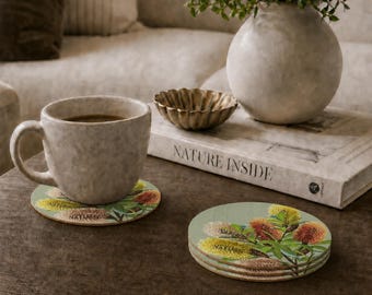 Lot de 4 sous-verres Banksia d'Australie | Dessous de verre décoratifs à motif botanique | Idée cadeau décoration nature