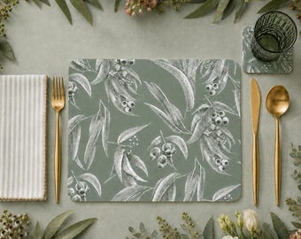 Set de napperons et sous-verres à motif de fleurs d'eucalyptus | Vaisselle botanique australienne