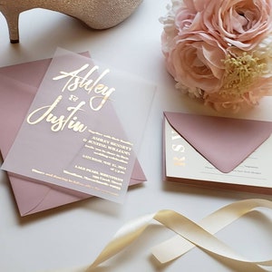 Contemporary Foil and Vellum Transparent invitation set with envelopes; rsvp and additional card