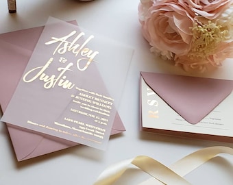 Contemporary Foil and Vellum Transparent invitation set with envelopes; rsvp and additional card