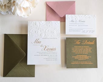 Embossed Floral Botanical Wedding Invitation, Gold Foil Wedding Invite, Simple Modern, Luxury Card