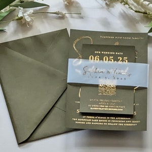 Olive Green Wedding Invitation, Olive Foil, QR Code RSVP