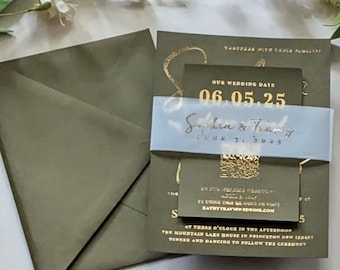 Olive Green Wedding Invitation, Olive Foil, QR Code RSVP