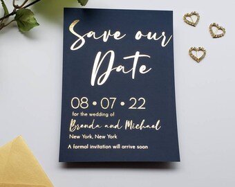 Foil Save the Date Card; Deep Blue Card stock with envelopes; weddings, anniversaries and parties
