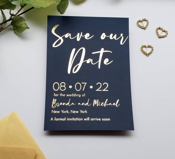 Foil Save the Date Card Deep Blue Card Stock With Envelopes