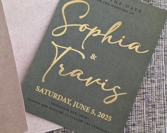 Foil Wedding Save the Date, Olive Green Cardstock, shimmery back-side Elegant Script
