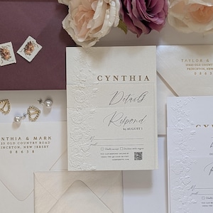 Gold Foil Wedding Invitation, Emboss Rose Trim Foil Luxe Wedding Invitation Suite with envelopes; Wedding Invitation
