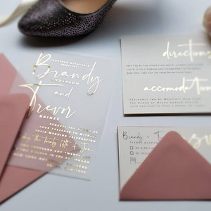 Foil and Vellum invitation set with envelopes; rsvp and additional card