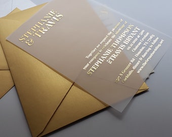 Modern Minimalist Foil and Vellum invitation set with envelopes; rsvp and additional card