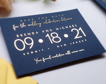 Foil Save the Date Card; Deep Blue Cardstock with envelopes; weddings, anniversaries and parties