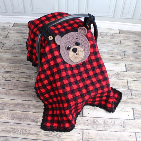 CROCHET PATTERN: Car Seat Canopy - Bear / Baby seat cover / Crochet baby / Teddy Bear / Woodland / Gingham