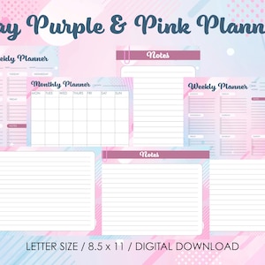 Slay Purple Pink Planner | Weekly, Monthly Printable Pages, Notes & To-Do Lists | 8.5x11 Pastel PDF Digital Download