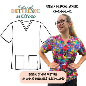 May include: A digital sewing pattern for unisex medical scrubs. The image shows a colourful scrub top with a V-neck and two pockets, and a line drawing of the scrub top. Text includes "Material Difference Jakatozo" and "Unisex Medical Scrubs XS-S-M-L-XL".