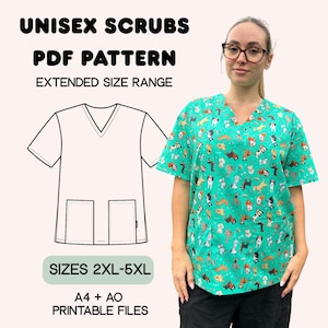 Può includere: Un cartamodello PDF digitale per casacche unisex con una gamma di taglie estesa. L'immagine mostra il testo UNISEX SCRUBS PDF PATTERN EXTENDED SIZE RANGE, SIZES 2XL-5XL e A4 + A0 PRINTABLE FILES accanto a un disegno al tratto di una casacca con scollo a V.