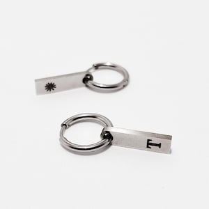Personalized Unisex Earring | Minimalist Stainless Steel ID Earring | Name Symbol Date Engraved Pendant | Custom Accessories for Men Women