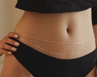 Dainty Double Belly Waist Chain | Simple Layered Bikini Body Jewelry | 925 Sterling Silver and Rose Gold | Waterproof Chain | Gift for Her