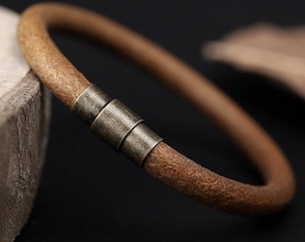 Custom Leather Bracelet for Men | Engravable Magnetic Clasp | 6mm Cord Leather Bracelet | Gift for Him Her