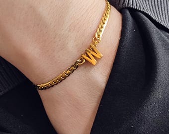 Personalized Men Women Initial Bracelet | Flat Snake Cuban Link Stainless Steel Chain | Custom Letter Bracelet for Couples | 3mm & 5mm Sizes