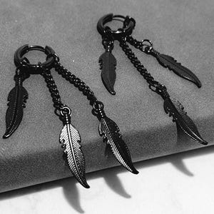 Black Stainless Steel Feather Drop Earrings for Men | Gothic Dangle Chain Hoop Earrings | Hypoallergenic Waterproof Punk Jewelry Gift