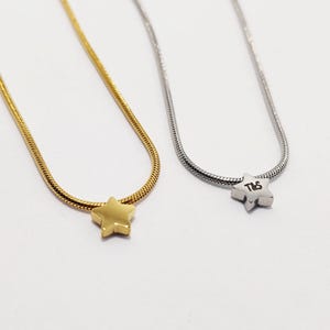 May include: Two delicate necklaces with star-shaped pendants. One necklace is gold and the other is silver.