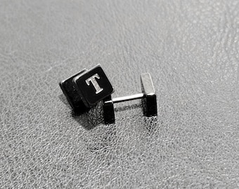 Men Women Custom Black Square Stud Earrings | Stainless Steel Minimalist Earrings | Engraved Initial Studs | Unisex Gift Jewelry