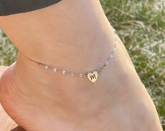 Custom Silver Initial Anklet | Gold Heart Moon Star Charm Anklet | Letter Engraved | Personalized Gift For Mom Wife Girlfriend Daughter