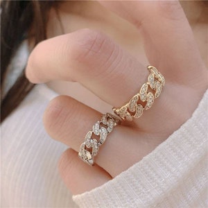 Gold Diamond Curb Chain Ring | Silver Rhinestone Ring | Thick Cuban Link Ring For Women | Diamond Band Ring | Adjustable Ring | Gift for Her