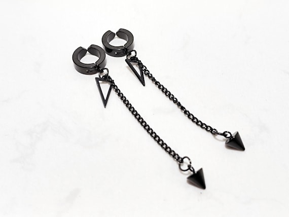 Clip On Dangle Earrings | Ear Cuff No Piercing | Kpop Chain Earring | Spike Triangle Dangle | Black Silver Edgy Earring | Unisex Gift