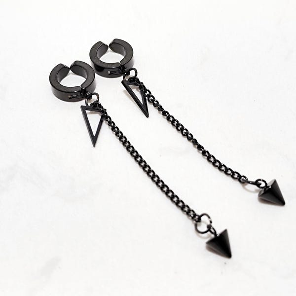 Clip On Dangle Earrings | Ear Cuff No Piercing | Kpop Chain Earring | Spike Triangle Dangle | Black Silver Edgy Earring | Unisex Gift